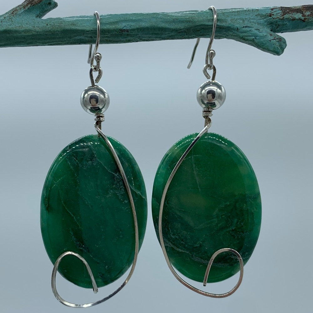 🌟925 SILVER & GREEN AGATE DROP EARRINGS